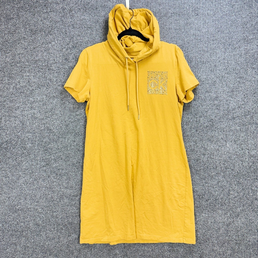 Calvin Klein Hooded T-Shirt Dress Womens Large Yellow Rhinestone Logo Athleisure